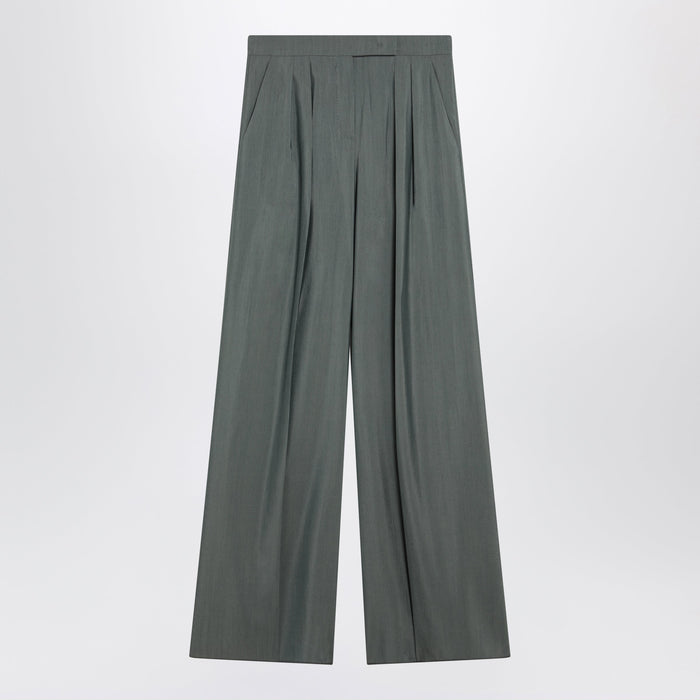 Max Mara Dark Green Wide Trousers In Wool And Silk