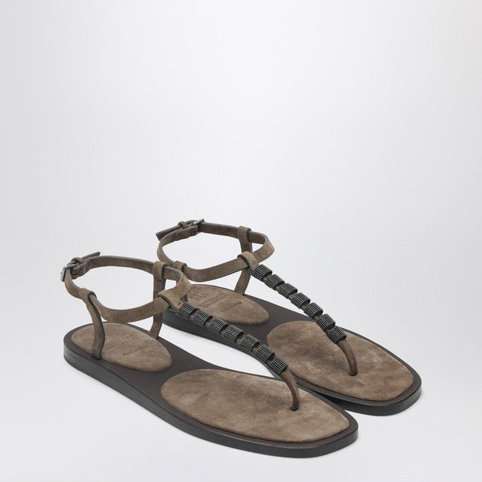 Brunello Cucinelli Suede Thong Sandals With Precious Straps