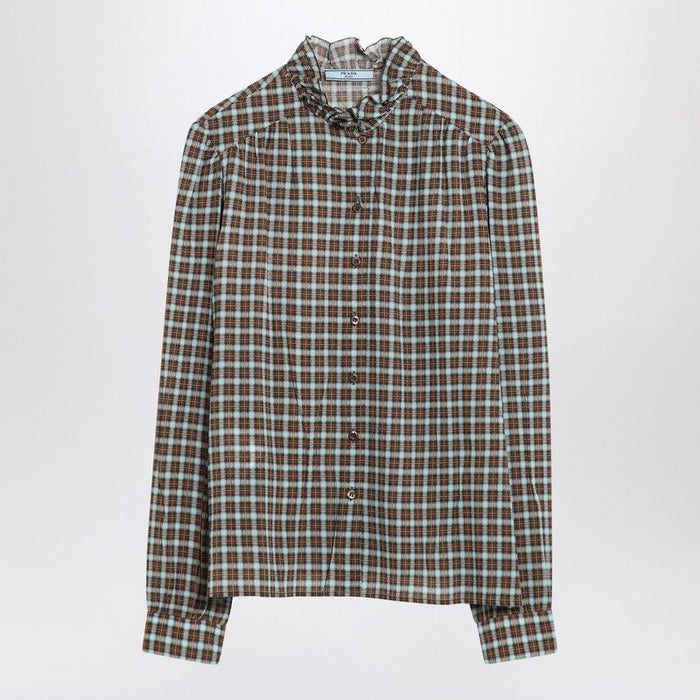 Prada Check-Patterned Shirt Turquoise/Cocoa In Silk Blend