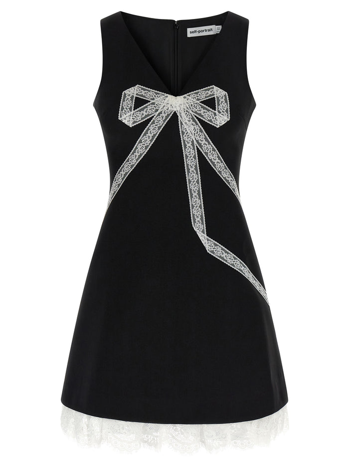 Self Portrait 'Black Crêpe Bow Lace Mini' Dress