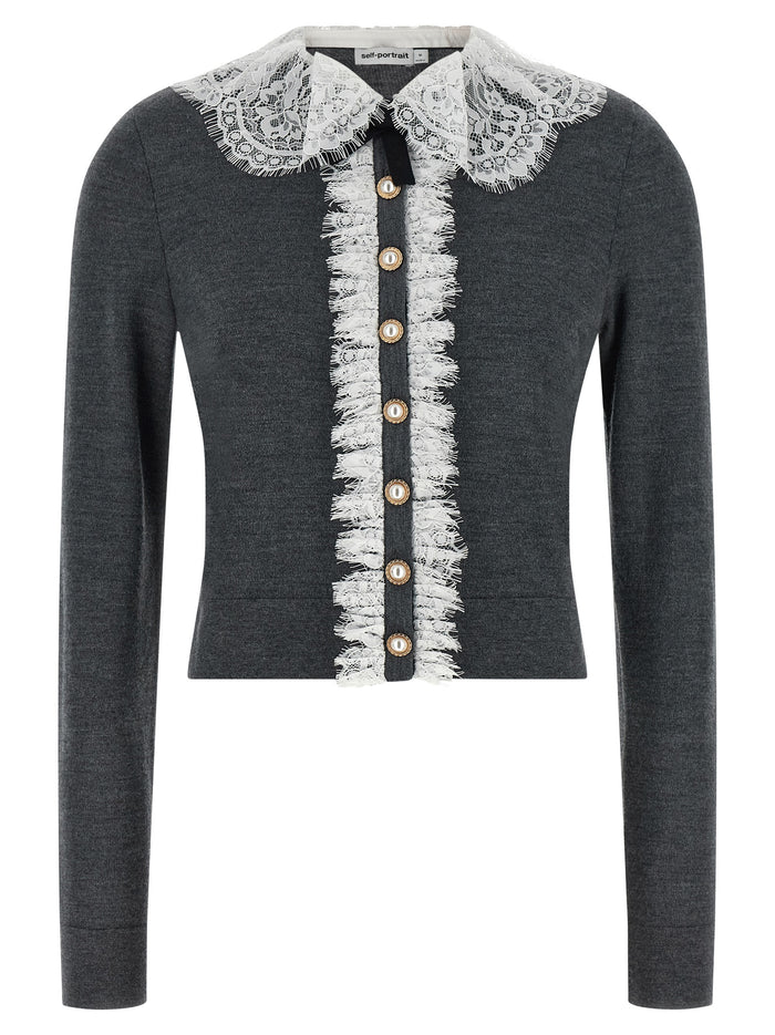 Self Portrait 'Grey Lace Collar Knit' Cardigan