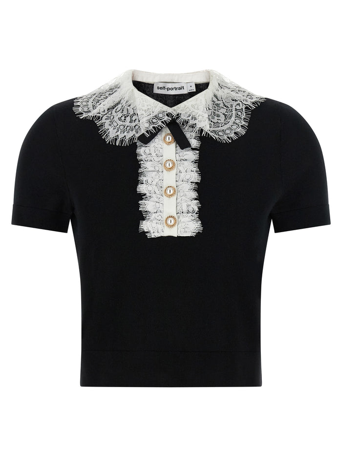 Self Portrait 'Black Knit Lace Collar' Top