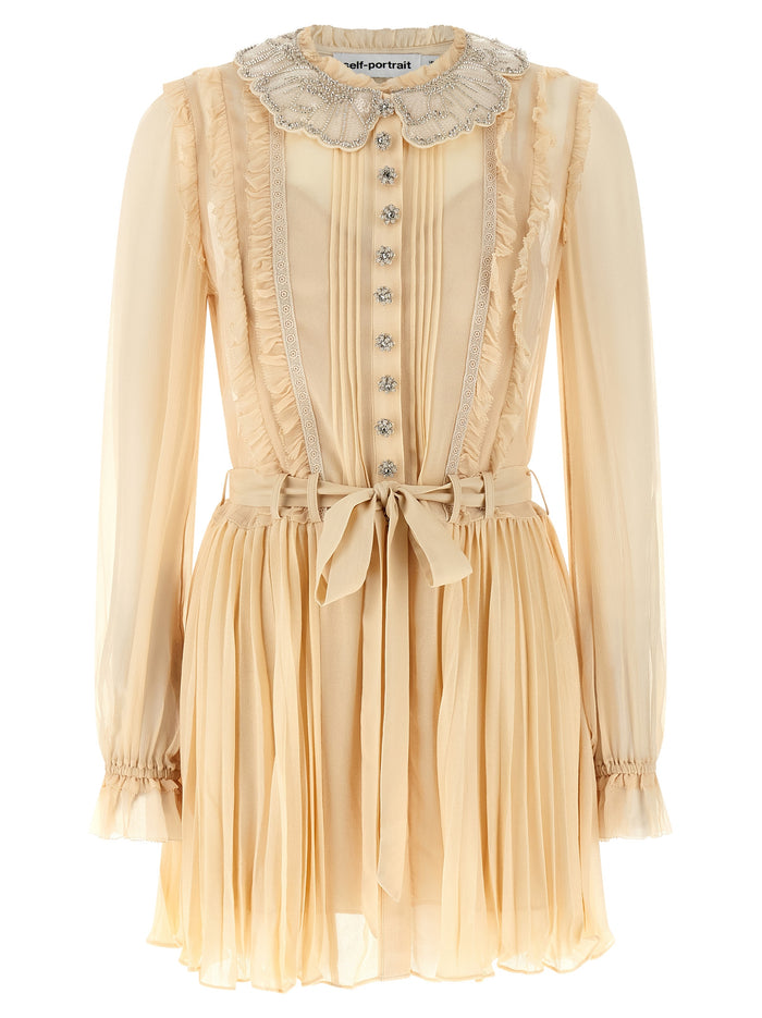 Self Portrait 'Tan Pleated Georgette Mini' Dress
