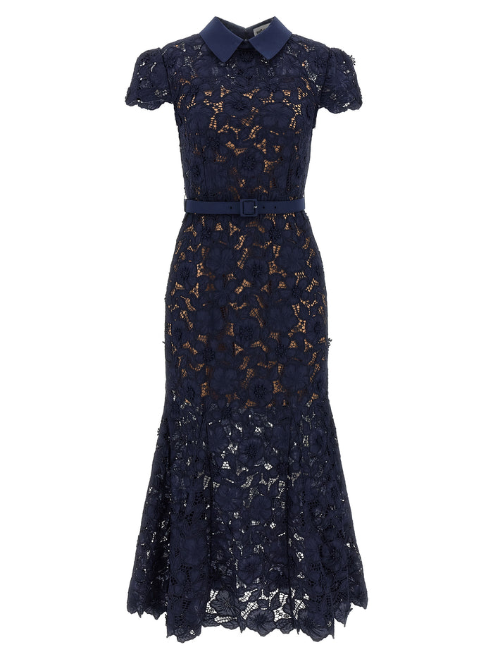 Self Portrait 'Navy Guipure Lace Midi' Dress