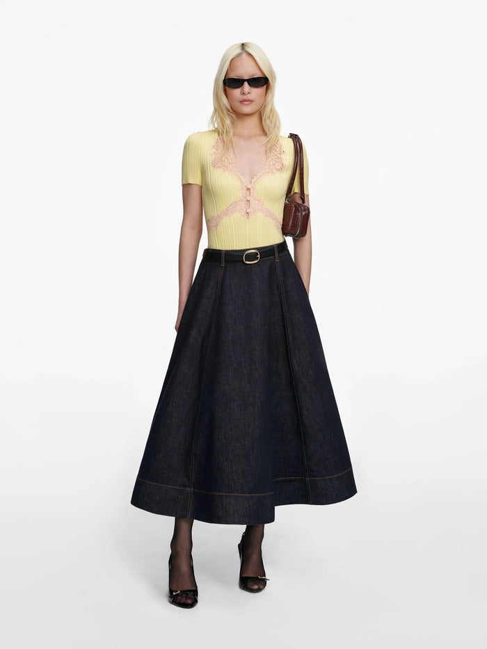 Self-Portrait Denim Flared Midi Skirt