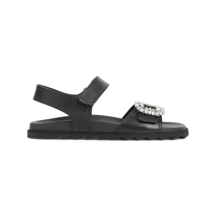 Roger Vivier Black Slidy Viv Strass Calf Leather Sandals
