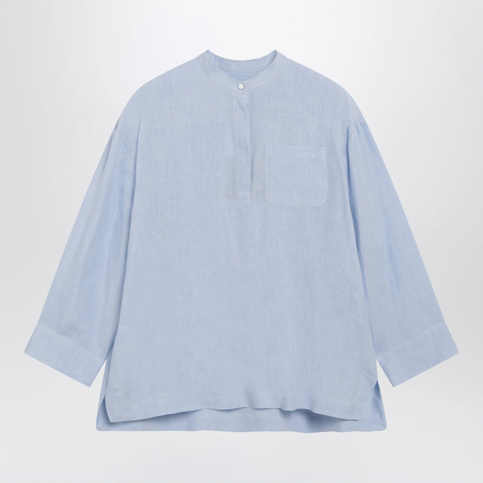 'S Max Mara Light Blue Pure Linen Mandarin-Collar Shirt