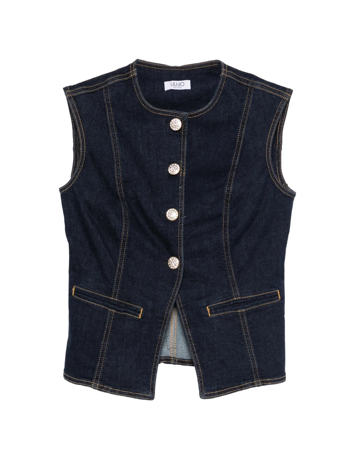 Liu Jo Dark Denim Vest With Glitter Buttons
