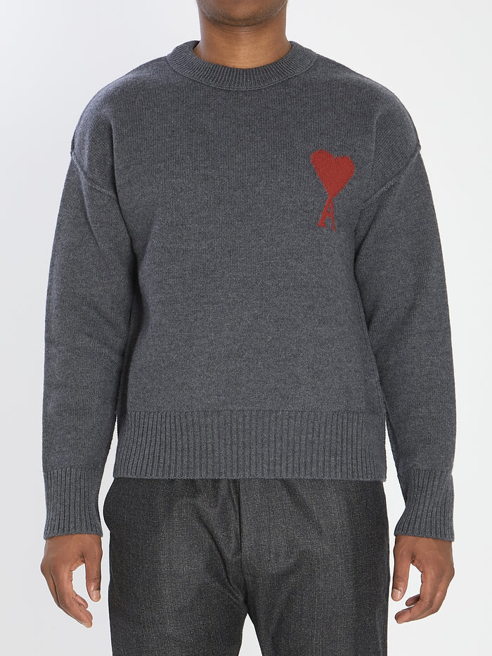 Ami Paris Grey And Red Adc Crewneck Wool Sweater