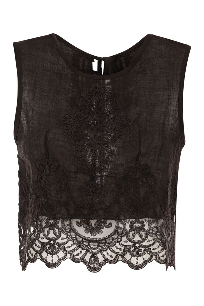 Maurizio Mykonos Linen Top With Tonal Embroidery And Lace Hem