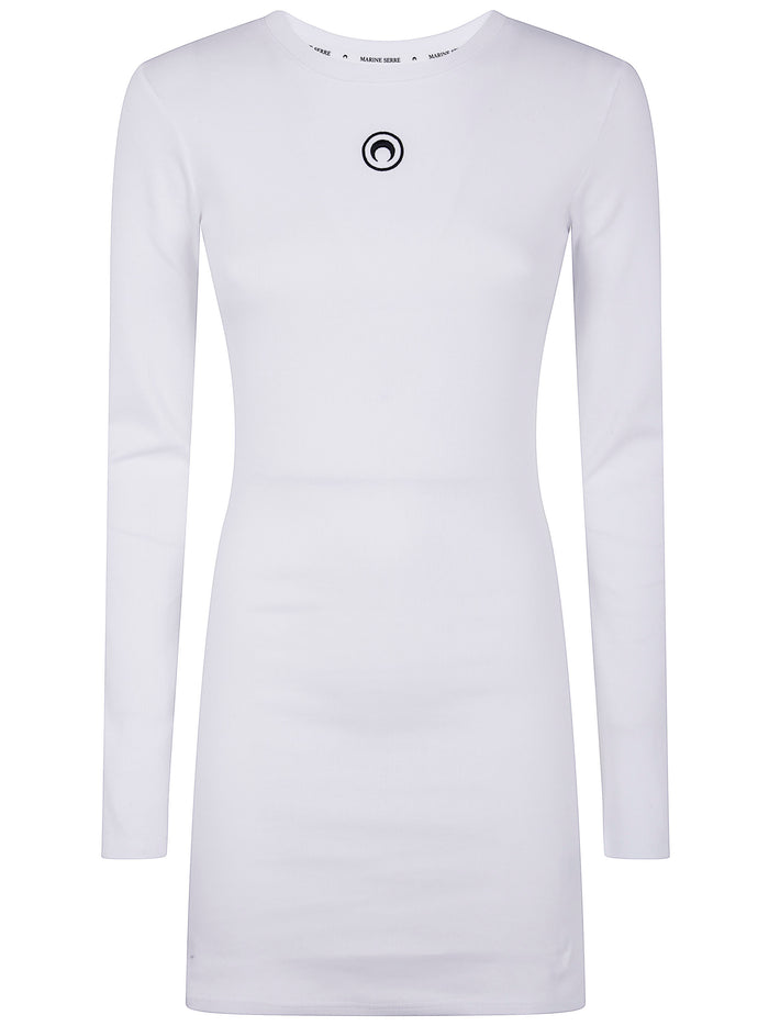 Marine Serre "Moon" Logo Ribbed Jersey Long Sleeves Mini Crewneck Dress