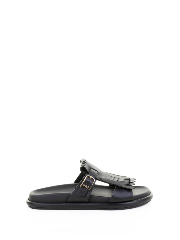 Santoni Black Leather Slipper With Fringe