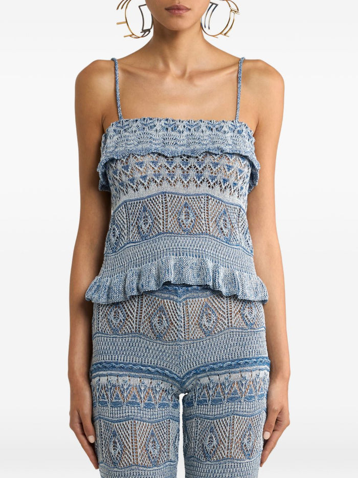 Etro Top White Navy Punto Det Embroidered