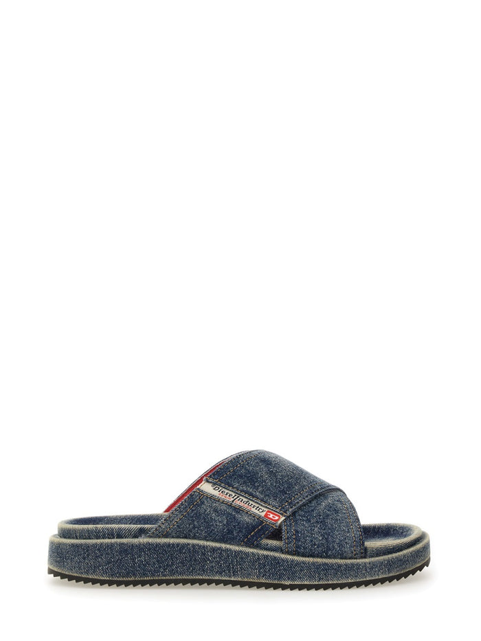 Diesel Denim Slides With Criss Cross Straps