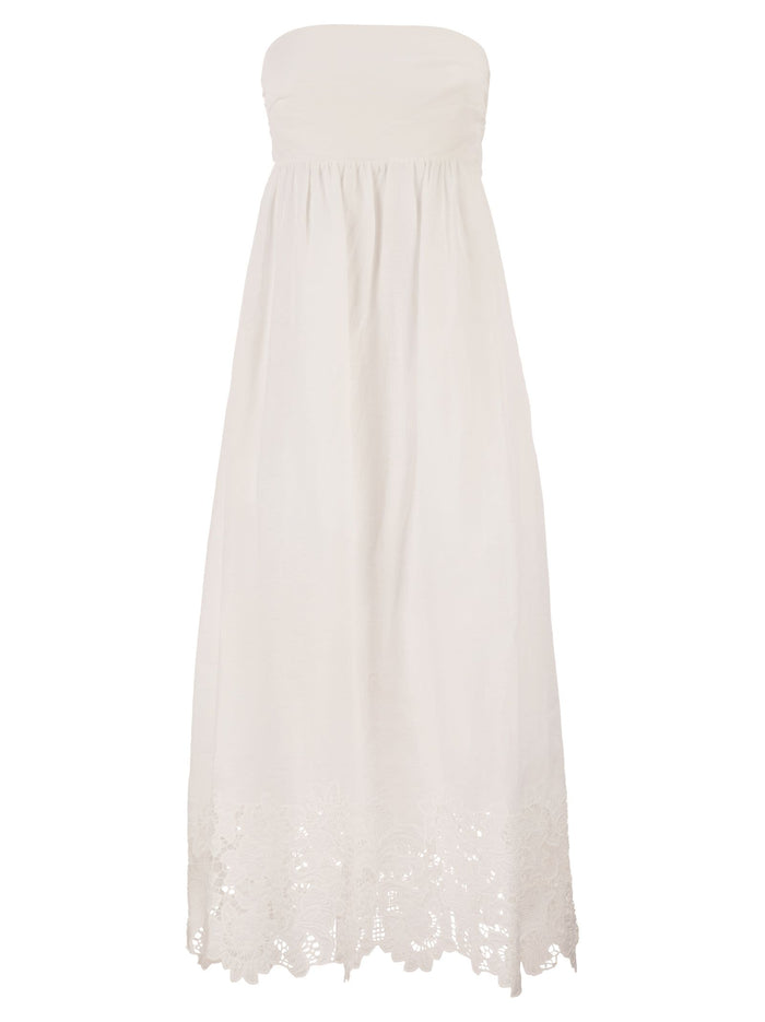 Maxmara Studio Strapless Linen Dress With Embroidered Hem