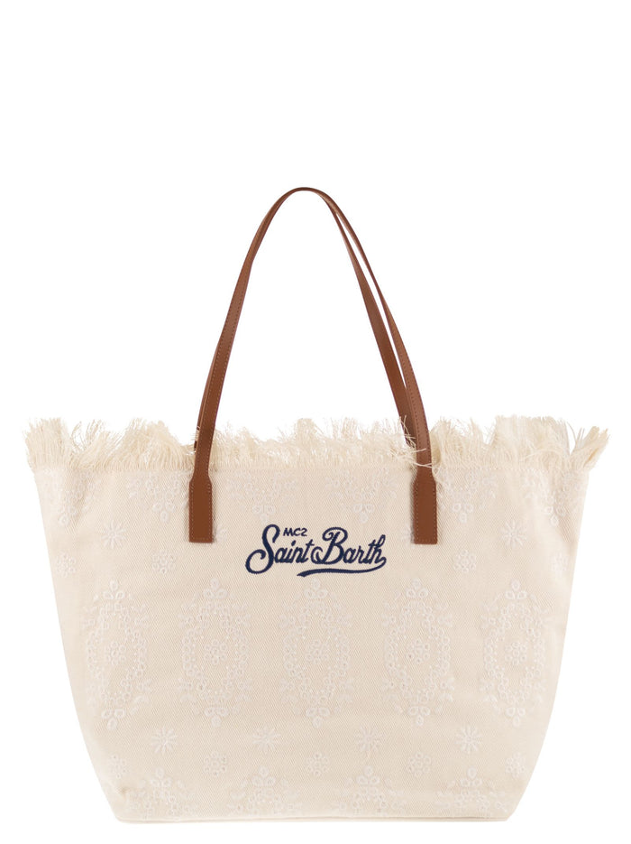 Mc2 Saint Barth Embroidered Canvas Beach Tote Bag With Leather Handles