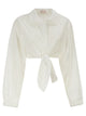 Mc2 Saint Barth Linen And Cotton Broderie Anglaise Cropped Shirt With Front Tie