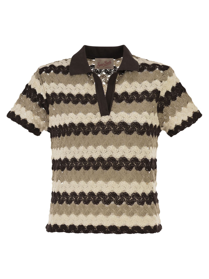 Mc2 Saint Barth Multicolour Striped Crochet Lace Polo Shirt