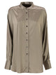 Brunello Cucinelli Stretch Silk Satin Mandarin Collar Shirt With Necklace