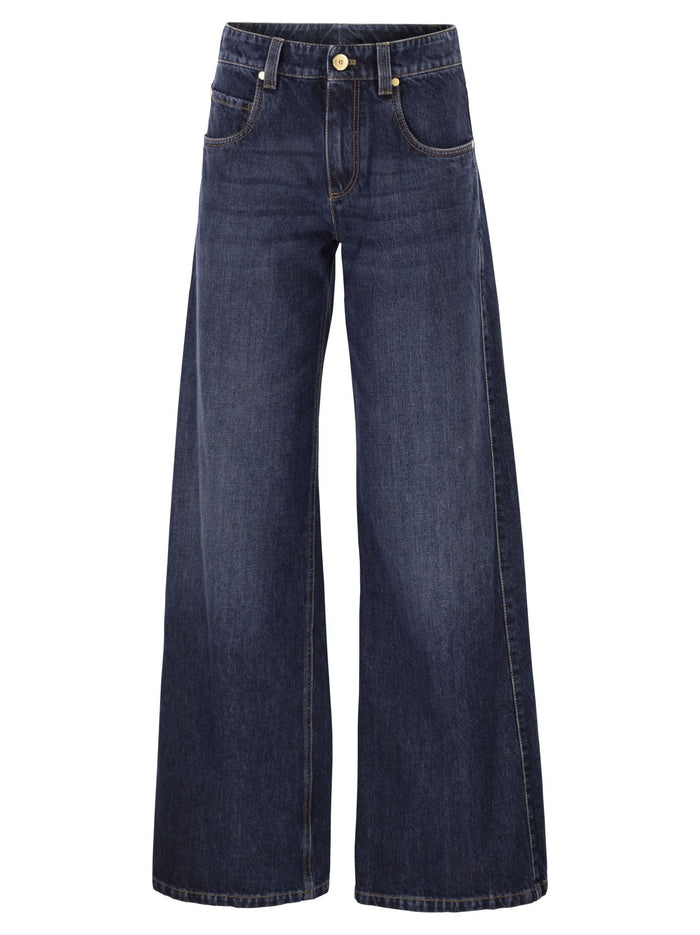 Brunello Cucinelli Wide Trousers In Authentic Denim With Jewellery