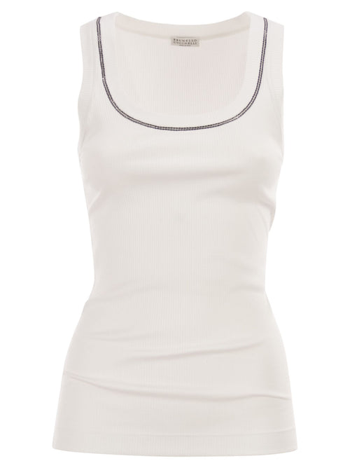 Brunello Cucinelli Sleeveless Ribbed Top In Stretch Cotton With Jewelled Trim