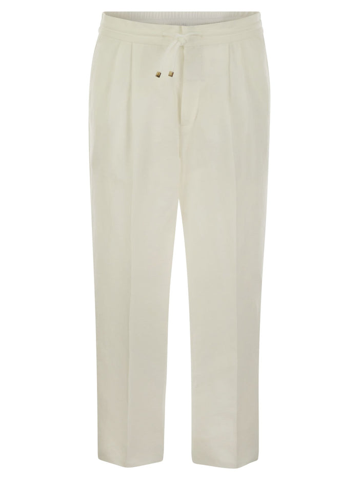 Brunello Cucinelli Leisure Fit Trousers In Linen And Cotton Gabardine With Drawstring And Double Darts