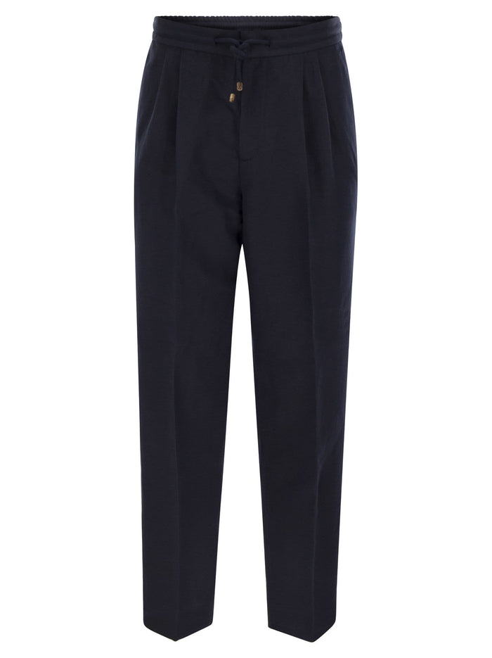 Brunello Cucinelli Leisure Fit Trousers In Linen And Cotton Gabardine With Drawstring And Double Darts