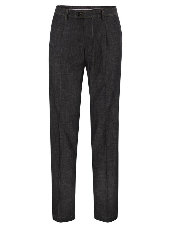 Brunello Cucinelli Tailored Cotton Denim Trousers With Pleats