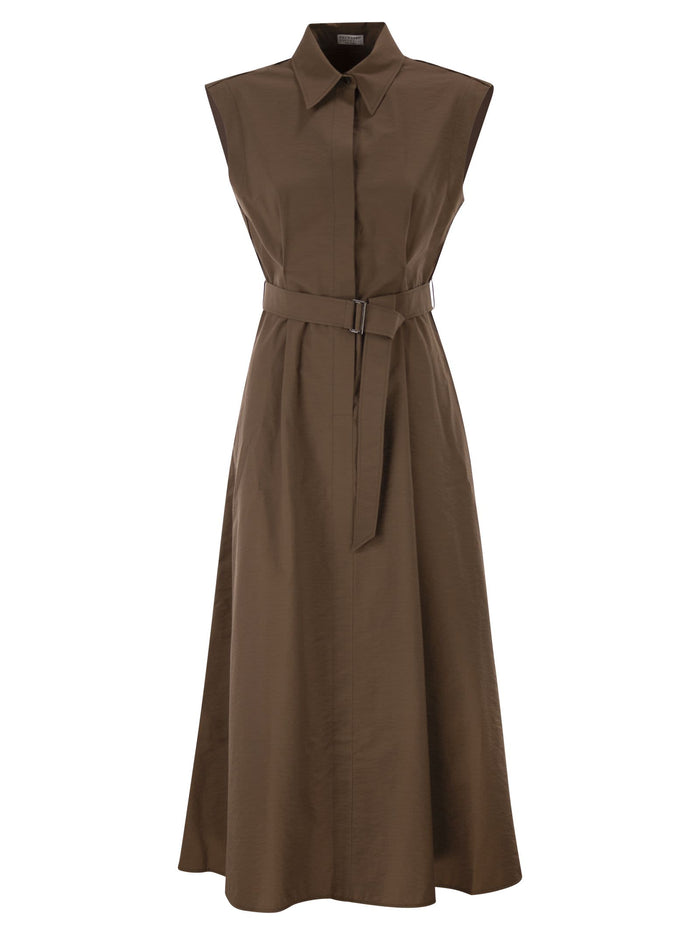 Brunello Cucinelli Long Sleeveless Cotton Dress With Belt At The Waist