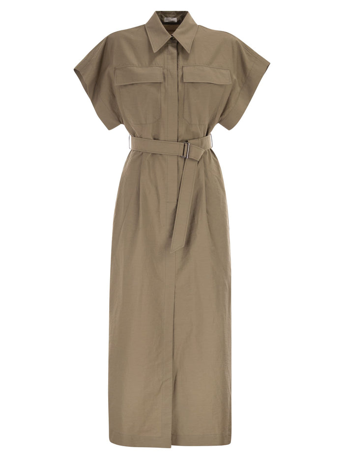 Brunello Cucinelli Chemise Dress In Technical Cotton And Nylon Poplin With Belt