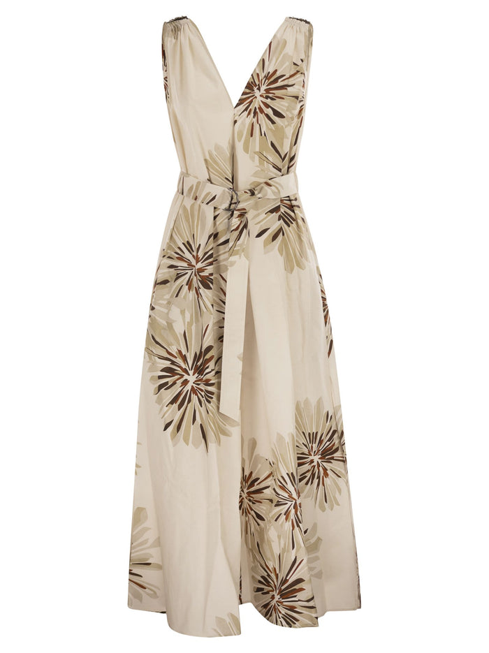 Brunello Cucinelli Long Cotton Dress With Floral Print And Matching Belt