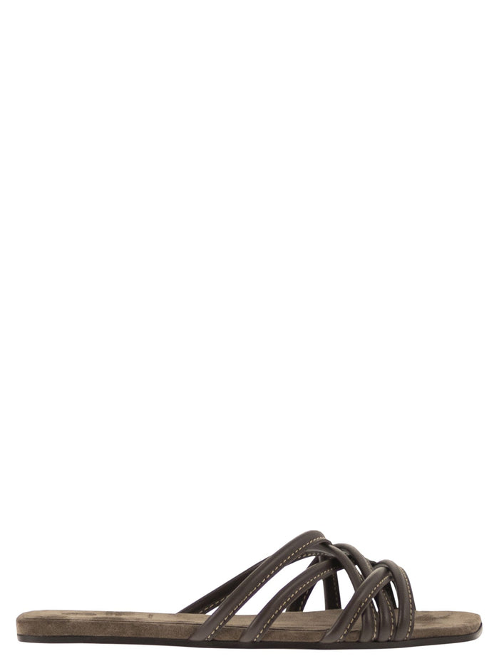 Brunello Cucinelli Flat Leather Sandals With Criss-Cross Straps