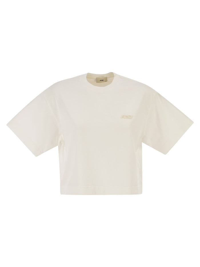 Autry Cropped Cotton T-Shirt With Tone-On-Tone Logo