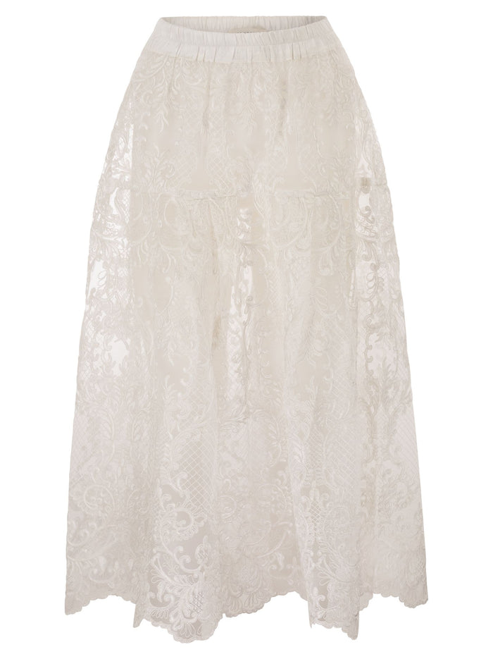 Maurizio Mykonos Embroidered Lace Midi Skirt With Elasticated Waist