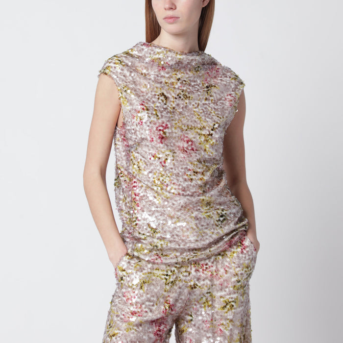 Alberta Ferreti Sleeveless Highneck Top With A Floral Sequin Pattern