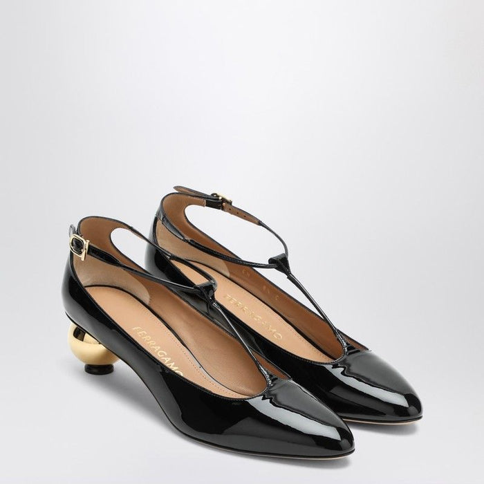 Ferragamo  Black Patent T-Strap Décolleté