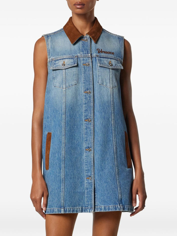Versace Denim A-Line Dress With Suede Details