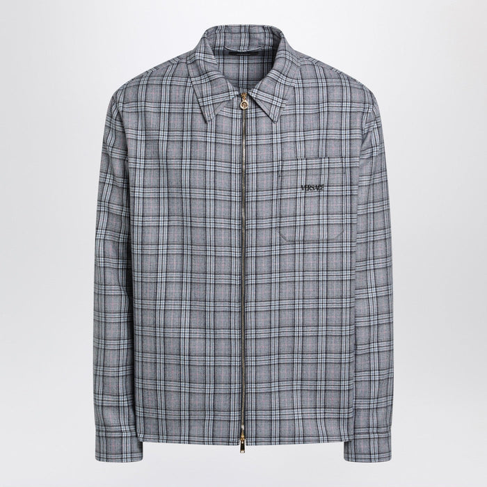 Versace Light Blue Zip-Up Checked Shirt