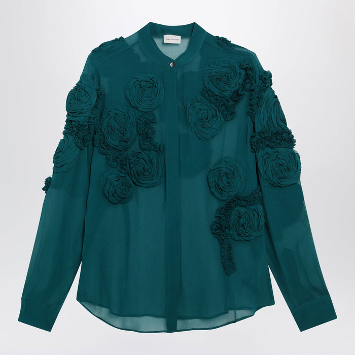 Dries Van Noten Petrol Green Shirt With Raised Rose Details