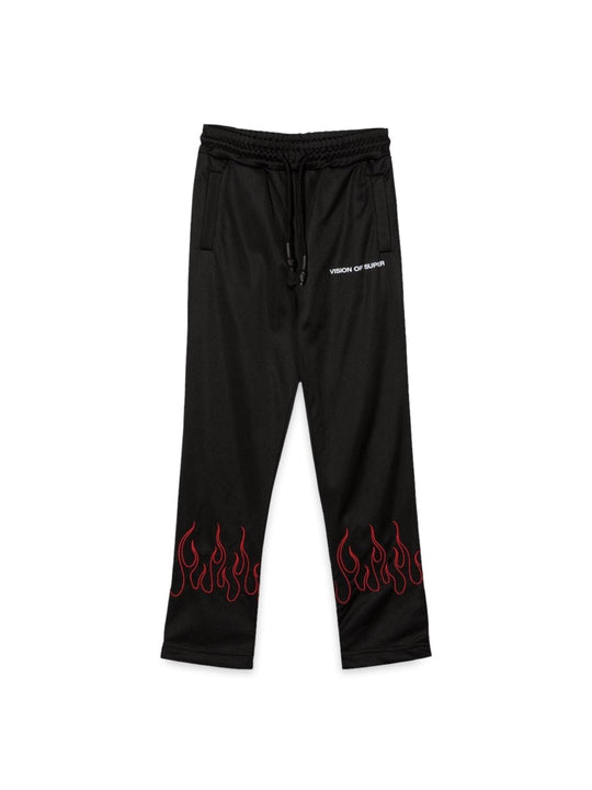 Vision Of Super Black Pants With Red Embroidered Flames