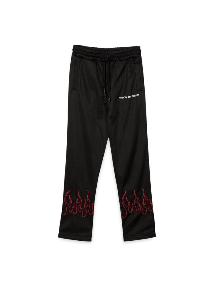 Vision Of Super Black Pants With Red Embroidered Flames