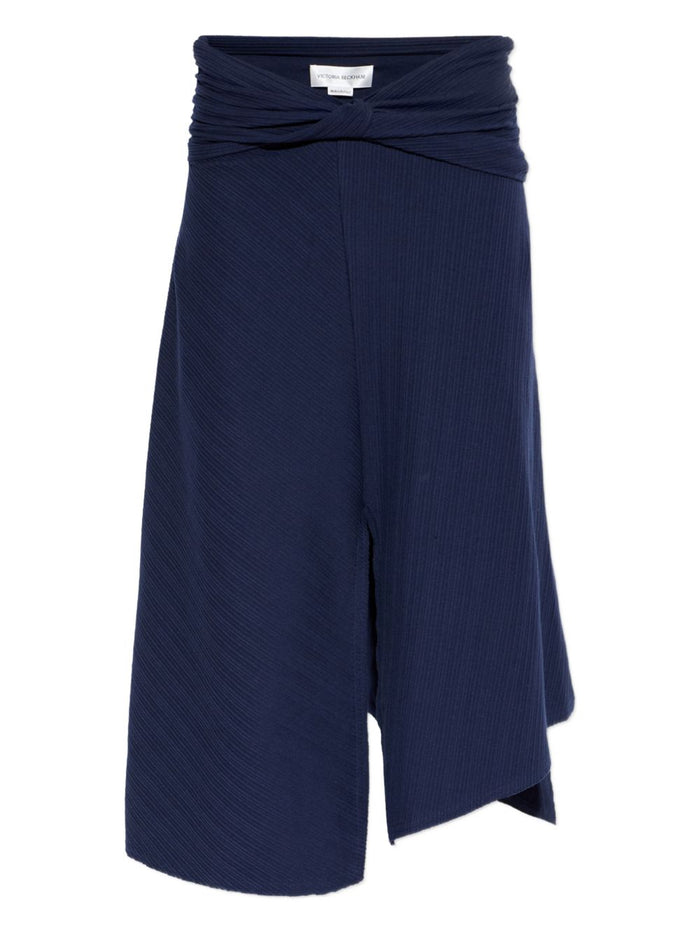 Victoria Beckham Navy Ribbed Twist Midi Skirt