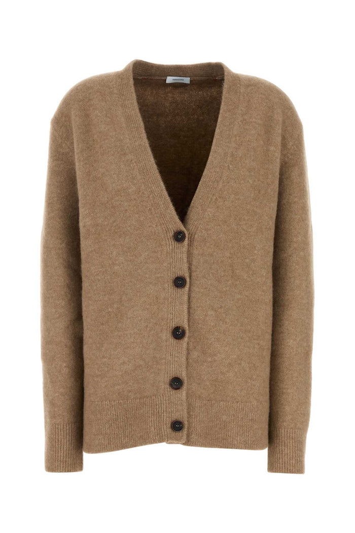 Ferragamo Camel Stretch Alpaca Blend Oversize Cardigan