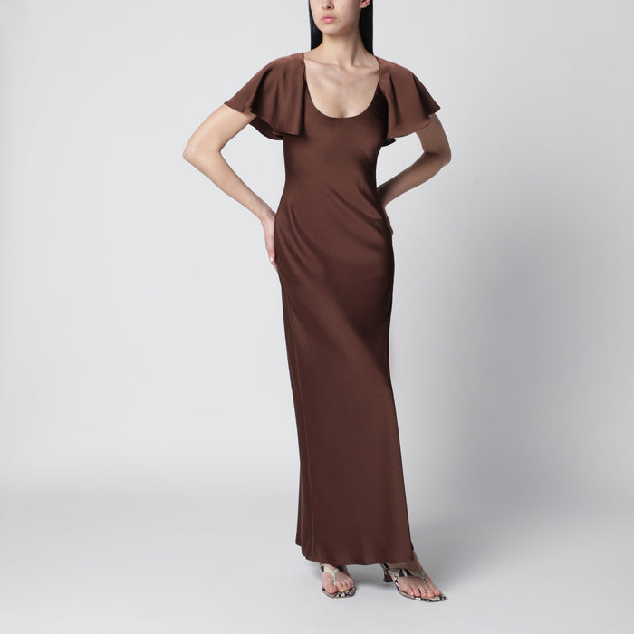 Rotate Birgerchristensen Long Satin Dress With Flutter Sleeves In Potting Soil