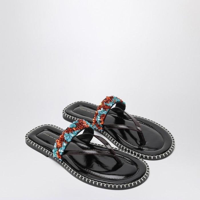Dries Van Noten Black Thong Slipon Sandals With Sequins