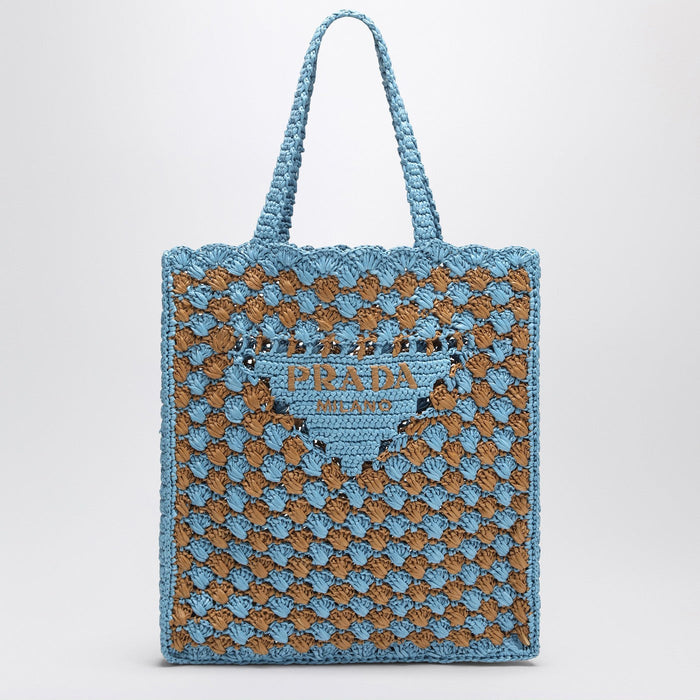 Prada Sky Blue/Caramel Crochet Tote Bag With Logo