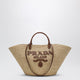Prada Large Beige/Cognac Raffia And Leather Shopping Bag