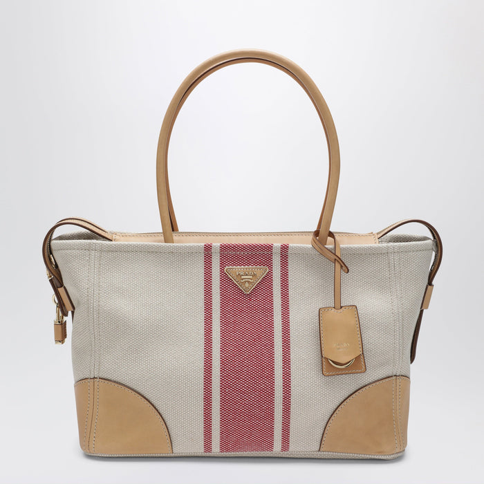Prada Large Shopping Bag In Canvas And Natural/Red Leather