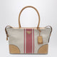Prada Large Shopping Bag In Canvas And Natural/Red Leather