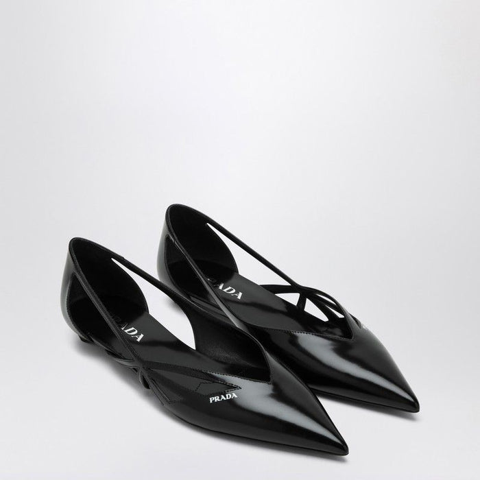 Prada  Cut Out Black Brushed Leather Ballerina